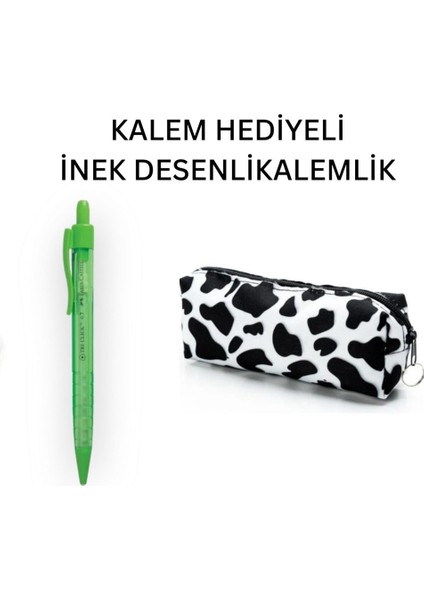 Inek Desen Kalemlik - Okul Kalemliği-Makyaj Çantası ve Yeşil Uçlu Kalem Hediyeli