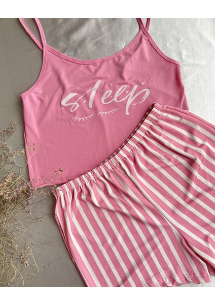 Likralı Pembe Çizgili Pijama Takımı L-Xl