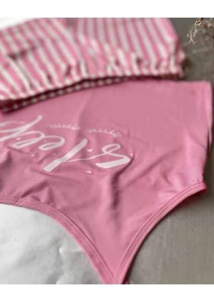 Likralı Pembe Çizgili Pijama Takımı L-Xl