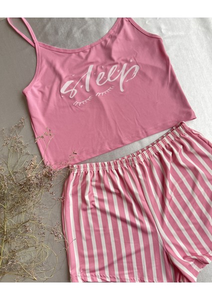Likralı Pembe Çizgili Pijama Takımı L-Xl