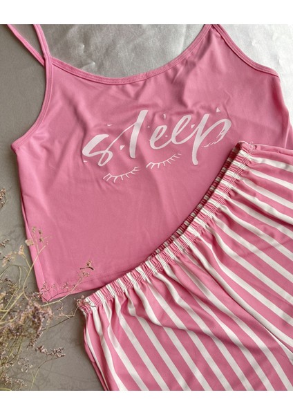 Likralı Pembe Çizgili Pijama Takımı L-Xl
