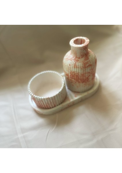 3 Parça Mermer Desen Dekoratif Vazo Mumluk Set(Mum Dahil)