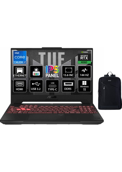 Tuf Gaming F15 Intel Core I7-13620H 96GB 2tb SSD RTX4060/8GB 140W Windows 11 Pro 15.6 Inç Fhd 144Hz Taşınabilir Bilgisayar FX507VV-LP241 + Boz Çanta