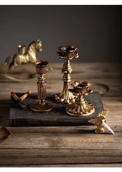 Dekoratif 3'lü Şamdan Mumluk Fransız Romantik Antik El Sanatı Gold Eskitme Dekorasyon Retro Şamdanlık (Üçlü) Bohem Tarz Dekoratif Antika Mumluk Hediyelik Eşya
