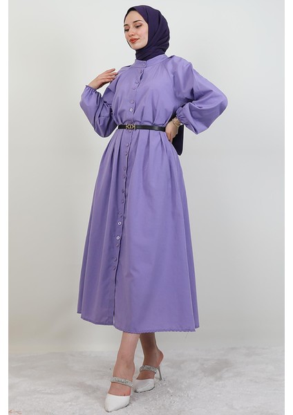 Tam Boy Düğmeli Elbise Lila