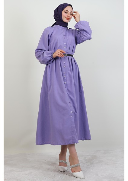 Tam Boy Düğmeli Elbise Lila modelleri