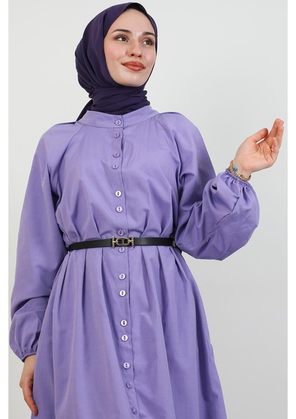 Tam Boy Düğmeli Elbise Lila fırsatları