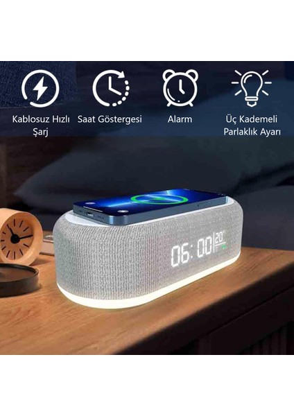 4'ü 1 Arada Kablosuz Hızlı Şarjlı Saatli Alarm Işıklı Masa Üstü LED Ekran 3 Kademeli Parlaklık