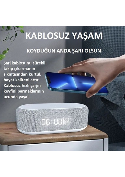 4'ü 1 Arada Kablosuz Hızlı Şarjlı Saatli Alarm Işıklı Masa Üstü LED Ekran 3 Kademeli Parlaklık