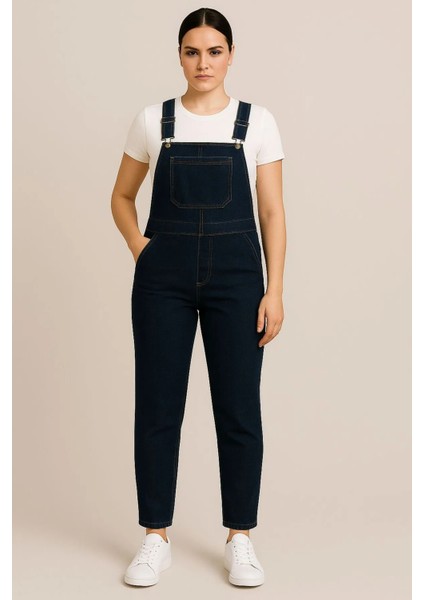 Kadın Asklı Beli Lastilki Denim Salopet Kot Tulum