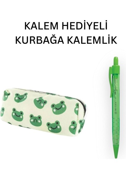 Yeşil Kurbağa Tatlı Kalemlik - Okul Kalemliği-Makyaj Çantası ve Hediye Yeşil Uçlu Kalem