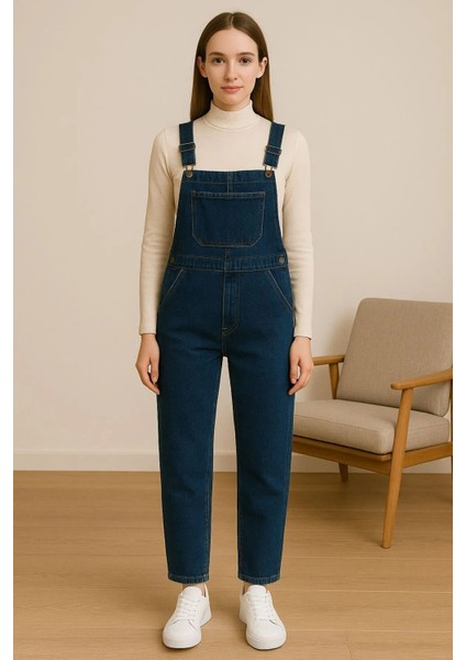Kadın Asklı Beli Lastilki Denim Salopet Kot Tulum