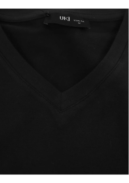 Siyah Comfort Fit V Yaka Basic T-Shirt modelleri