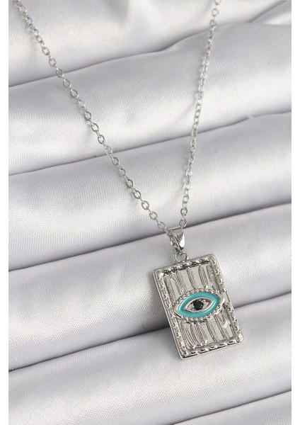 316L Çelik Gümüş Renk Zirkon Taşlı Göz Işleme Detaylı Plaka Model Kadın Kolye