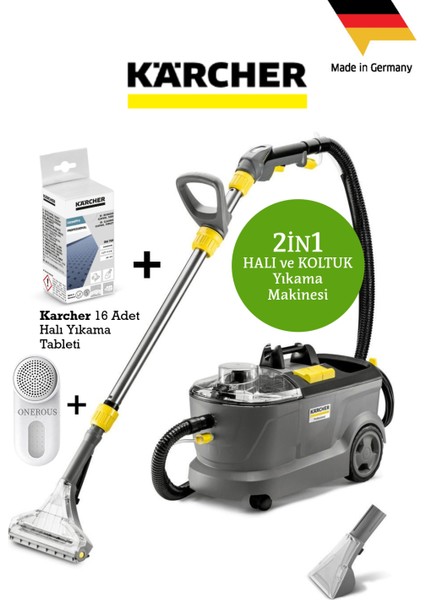 Puzzi 10/1 Halı Koltuk Yıkama Makinesi-Deterjan Kullanılabilir Yüksek Güçlü Halı ve Zemin Yıkama + 16 yıkama Karcher deterjan Tablet+ Mini Hav-yün temizleyici