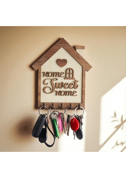 Ahşap Anahtar Askılığı – "home Sweet Home" Tasarımlı Duvar Tipi Anahtarlık (20X17CM)
