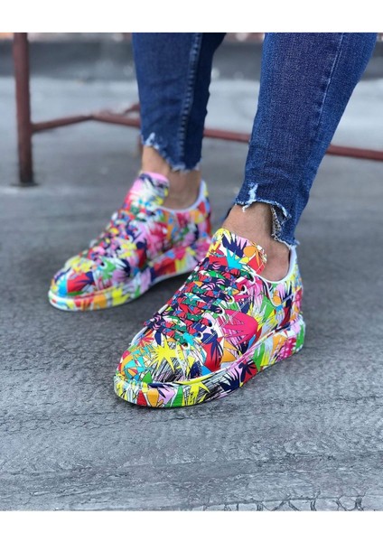 J501 Bağcıklı Çok Renkli Baskılı Ortopedik Taban Erkek Sneaker Günlük Ayakkabı Rt Çok Renkli