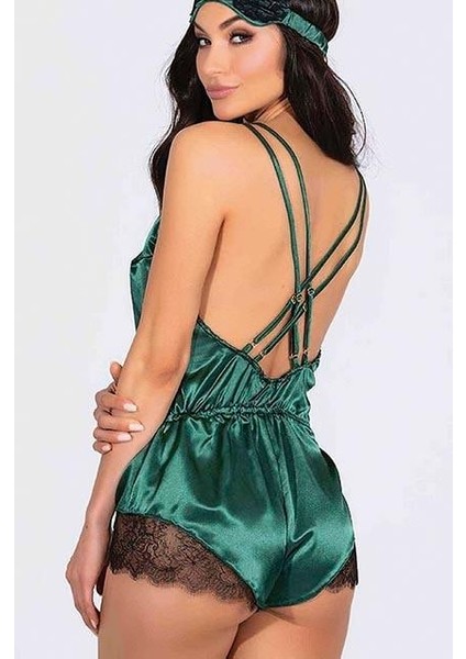 Yeşil Dantelli Sırtı Çapraz Saten Şort Tulum