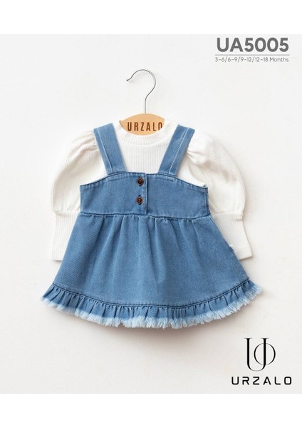 Püsküllü Kız Bebek Kot Jile Elbise %100 Pamuk Likralı Ribana Balon Bluz Jean Takım