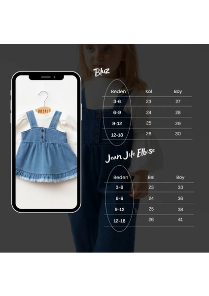 Püsküllü Kız Bebek Kot Jile Elbise %100 Pamuk Likralı Ribana Balon Bluz Jean Takım