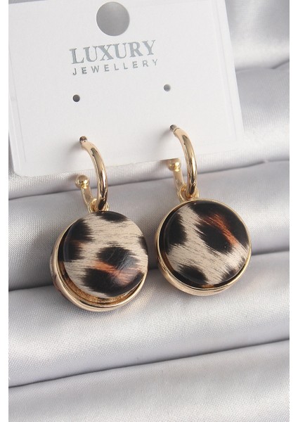 Pirinç Gold Renk Leopar Desenli Daire Model Kadın Küpe