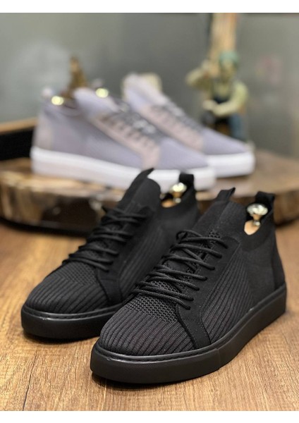 J112 Bağcıklı Ortopedik Taban Triko Erkek Spor Sneaker Ayakkabı St Siyah