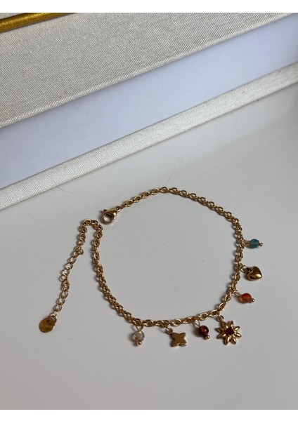 Renkli Taşlı Çiçek Kalp Figürlü Altın Renk Charm Kadın Halhal