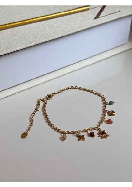 Renkli Taşlı Çiçek Kalp Figürlü Altın Renk Charm Kadın Halhal fiyatları