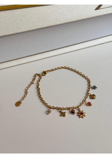 Renkli Taşlı Çiçek Kalp Figürlü Altın Renk Charm Kadın Halhal modelleri