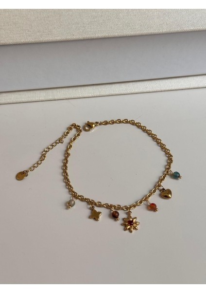 Renkli Taşlı Çiçek Kalp Figürlü Altın Renk Charm Kadın Halhal fırsatları