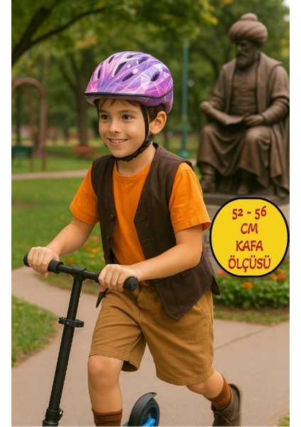 Bisiklet Kaykay Paten Scooter Için Koruyucu Kask - Mor Desenli (52 - 56 cm Kafa Çevresine Uygun)