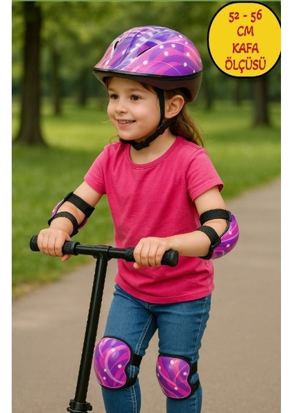 Bisiklet Kaykay Paten Scoaoter Için Koruyucu Kask Dizlik Dirseklik Set - Mor (52 - 56 cm Kafa Ölçüsü)