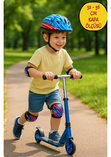 Bisiklet Kaykay Paten Scooter Için Koruyucu Kask Dizlik Dirseklik Set - Mavi (52 -56 cm Kafa Ölçüsü)
