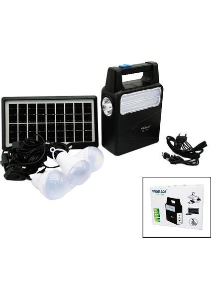 Solar Seyyar Panelli - Fiş Şarjlı 2in1 Dikey Model El Feneri - 3 Parça Ampul Kablolu - Powerbank (5047)