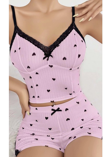 Kadın Pembe Kalp Desenli Askılı Şortlu Pijama Takım 6647 fiyatları