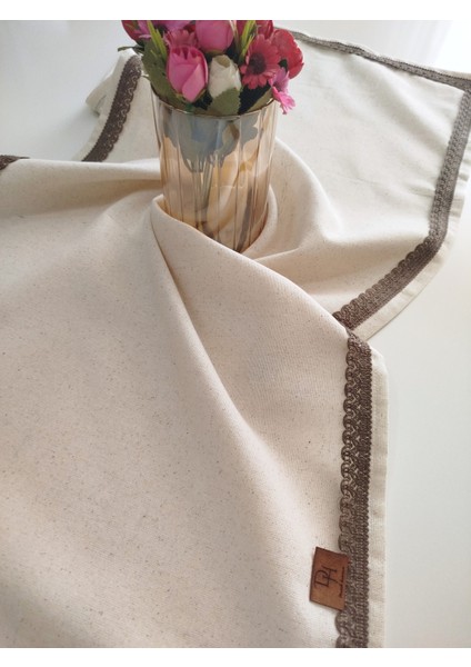Naturel Organik Otantik Jüt Yumuşak %100 Pamuklu Keten Güpürlü Runner 45X115 cm