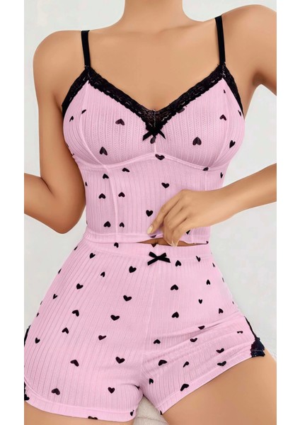 Kadın Pembe Kalp Desenli Askılı Şortlu Pijama Takım 6647
