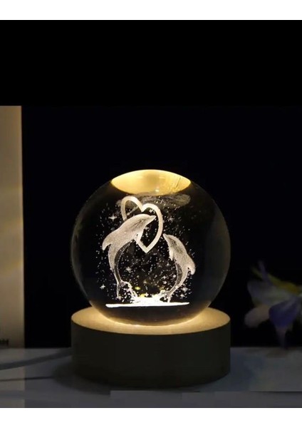 Kalp Içindeki Yunus Balıkları Renk Değiştiren Işıklı Cam Küre 8cm