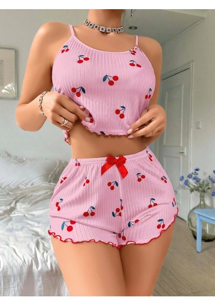 Kadın Pembe Kiraz Desenli Askılı Şortlu Pijama Takım 6656 fiyatları