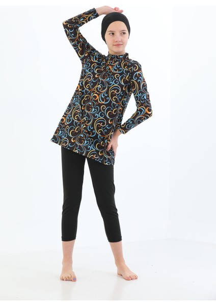 Boneli 3 Parça Desenli Mayo Bone Tayt Şort Hızlı Kuruma Özellikli Kız Çocuk Mayo