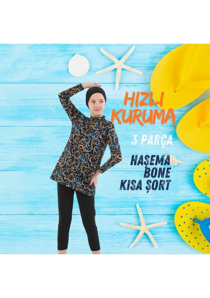 Boneli 3 Parça Desenli Mayo Bone Tayt Şort Hızlı Kuruma Özellikli Kız Çocuk Mayo