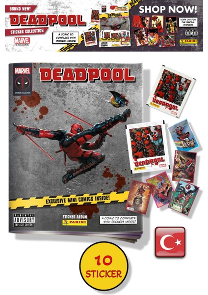 Marvel Deadpool Çıkartma Albümü + Özel Mini Çizgi Roman | Panini Lisanslı Ürün ( 8 Stıcker 2 Kart)
