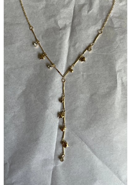 Gold Renk Kalp ve Taşlı Y Kolye fiyatları