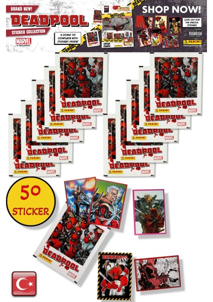 10 Paket - Marvel Deadpool Çıkartma Paketi | Panini Lisanslı Ürün ( 50 Stıcker )