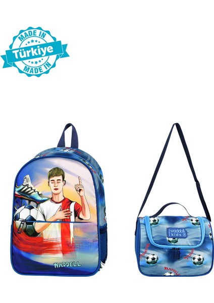 Kombin Futbol Desenli Anaokul Çantası ve Termal Beslenme Çantası Set