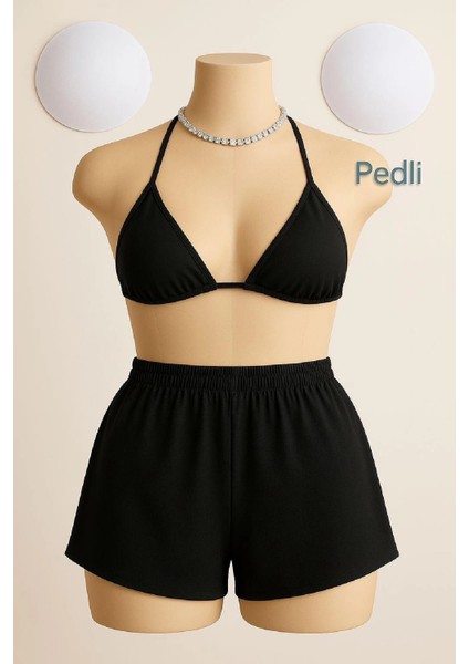 Kadın Siyah Şortlu Belden ve Boyundan Bağlamalı Bikini Takımı fiyatları