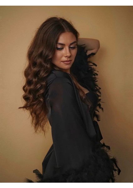 Siyah Ipeksi Saten ,gelin Sabahlığı, Sabahlık Kimono Kaz Tüylü.