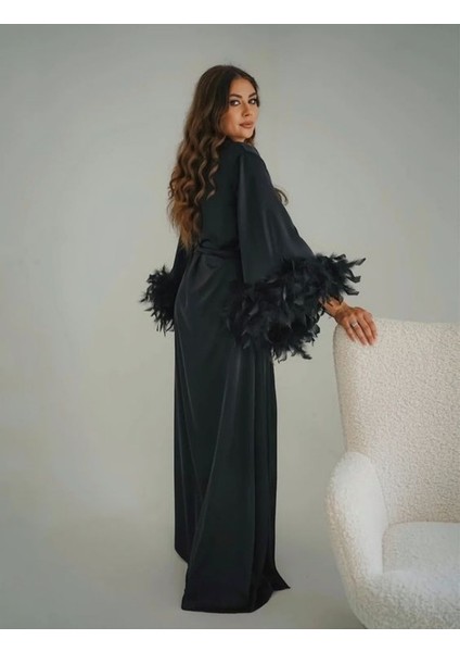 Siyah Ipeksi Saten ,gelin Sabahlığı, Sabahlık Kimono Kaz Tüylü. fiyatları