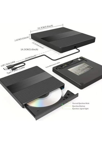 Harici USB 3.0 ve Type-C Dvd-Rom Dvd-Rw Optik Sürücü, USB ve Type C Kablolu, Pc, Tablet, DVD Player, Çizgili Metal Tasarım Ultra Slim CD Rom Okuyucu X350 modelleri
