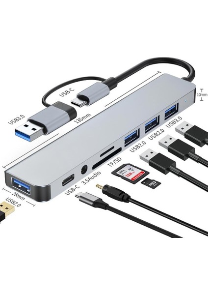 MT96 Otg Kablolu Çoklayıcı Type-C USB Girişli 8in1 Adaptör Hub Çoğaltıcı Kart Okuyucu Aux